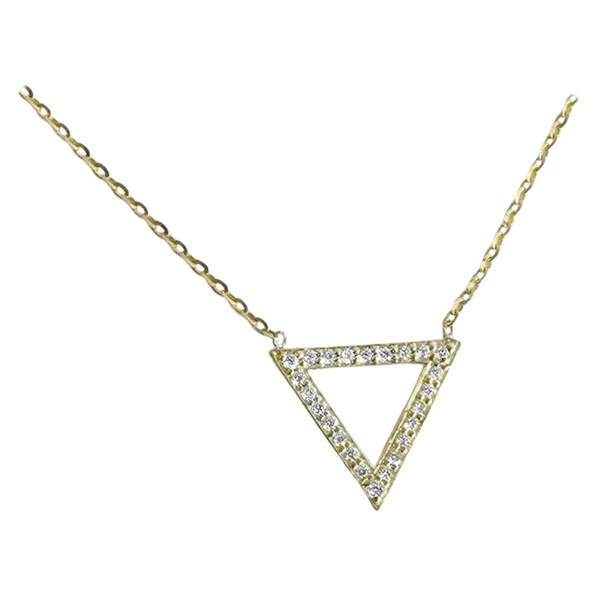 14k Gold Diamond Triangle Necklace Trillion Diamond Open Triangle Pendant For Sale