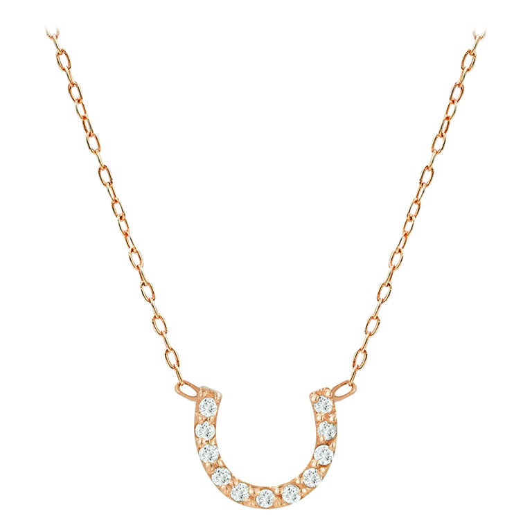 18k Gold Dainty Horseshoe Diamond Necklace Slim U Shape Necklace For Sale
