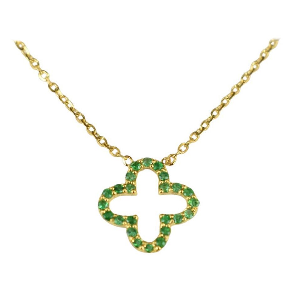 18k Gold Genuine Emerald Clover Necklace Tiny Clover Birthstone Necklace For Sale