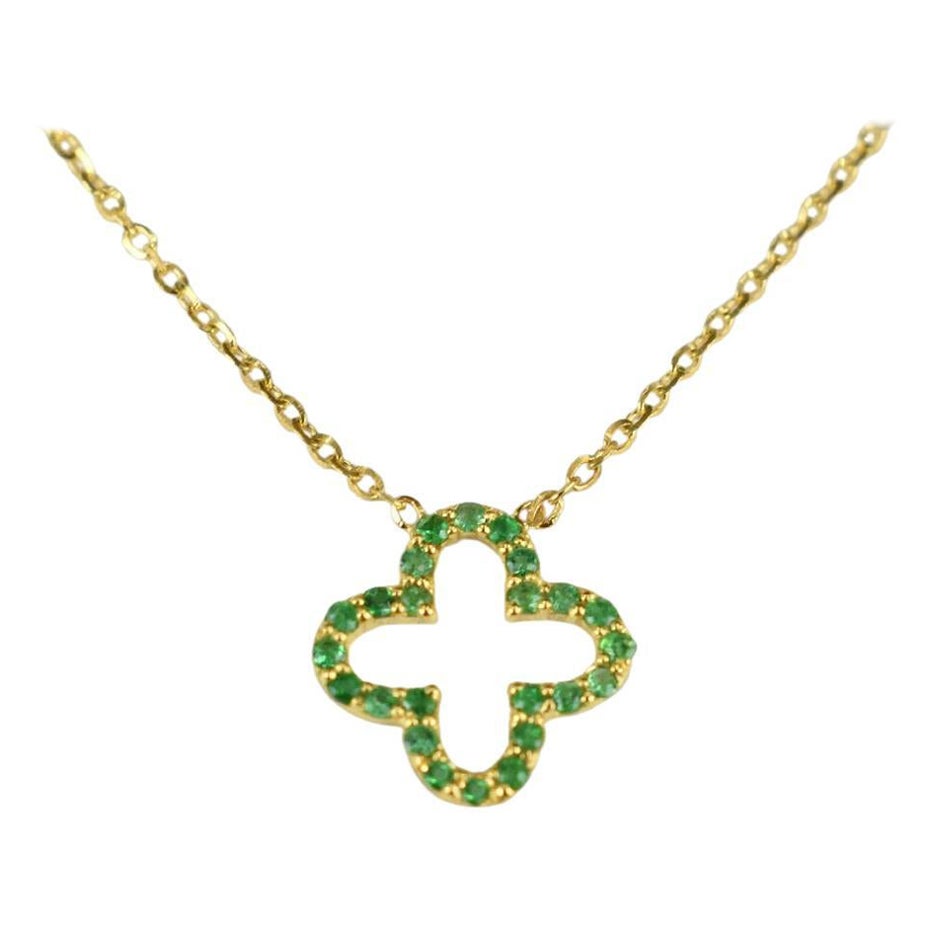 14k Gold Genuine Emerald Clover Necklace Tiny Clover Birthstone Necklace For Sale