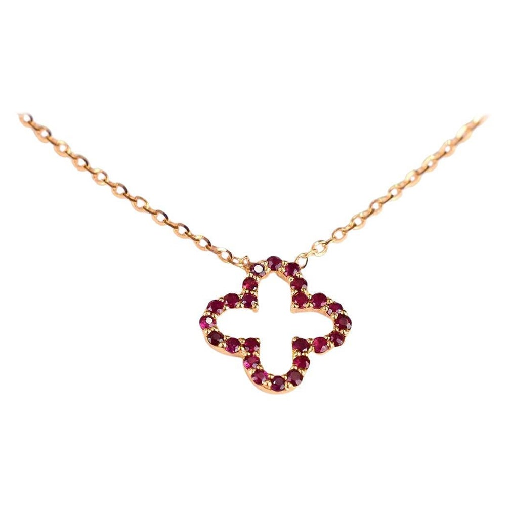 18k Gold Genuine Ruby Clover Necklace Tiny Clover Birthstone Necklace For Sale