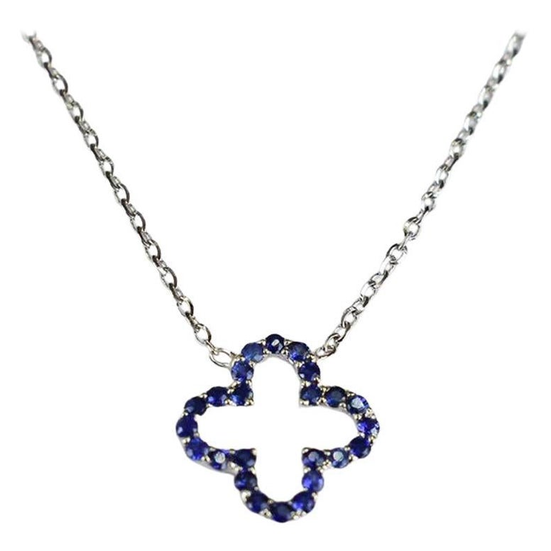 18k Gold Genuine Blue Sapphire Clover Necklace Tiny Clover Birthstone Necklace For Sale