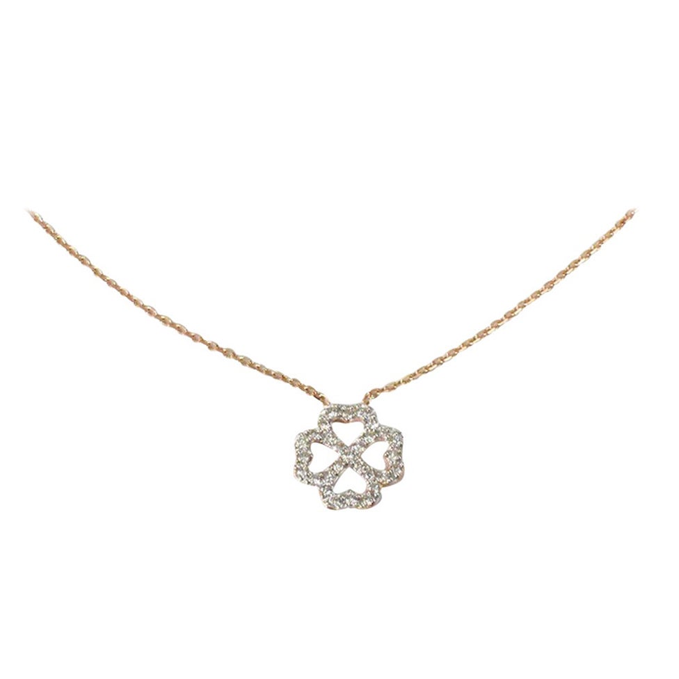 14k Gold Lucky Clover Diamond Necklace Delicate Clover Necklace For Sale