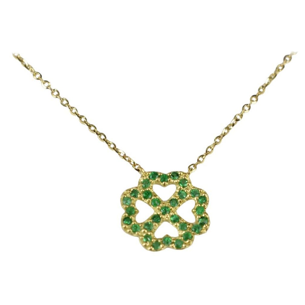 14k Gold Clover Charm Necklace Genuine Emerald Necklace For Sale