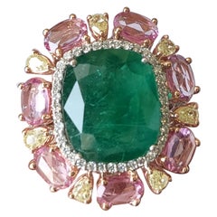 Set in 18K Gold, Natural Zambian Emerald, Pink Sapphire & Diamonds Cocktail Ring