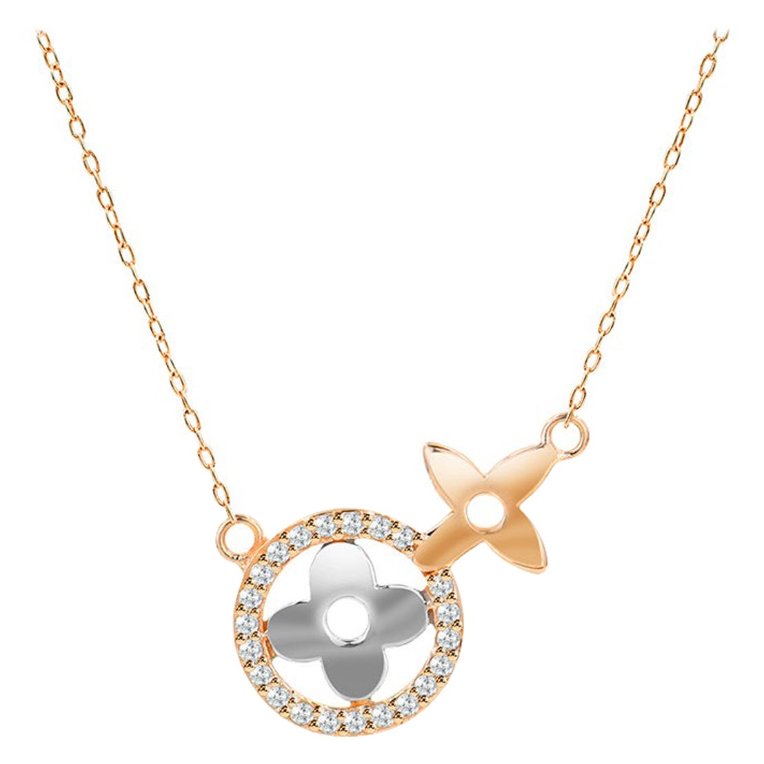 14k Gold Pave Diamond Clover Necklace Round Diamond Dainty Necklace For Sale