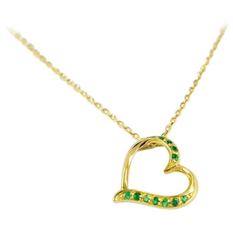 14K Gold Emerald Heart Necklace Minimalist Necklace Valentine Jewelry For Sale