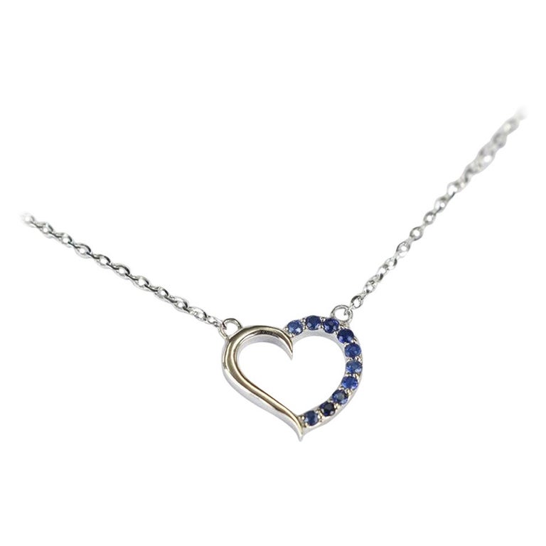 14k Gold Sapphire Necklace Dainty Heart Charm Necklace Valentine Jewelry For Sale at 1stDibs