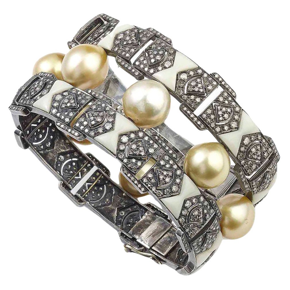 South Sea Pearl and Diamond Bakelite Bracelet For Sale