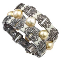 Modern South Sea Pearl Diamond Bakelite Silver and Gold Bracelet