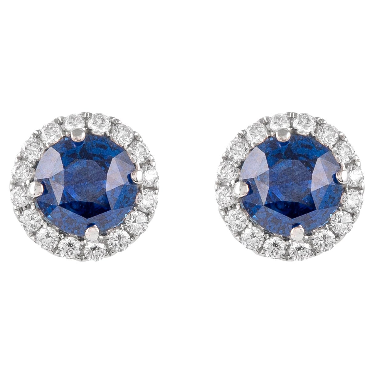 Alexander 4.46ct Round Sapphires with Diamond Halo Earrings 18k White Gold For Sale