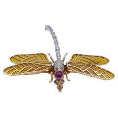 Vintage Dragonfly Brooch 14k Gold Enamel Gemstones Estate Jewelry