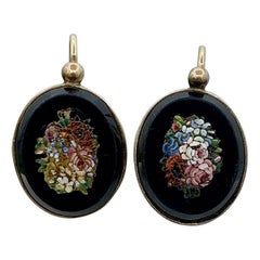 Pietra Dura Flower Bouquet Rose Drop Earrings 14 Karat Gold Antique Victorian