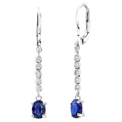 Pair Oval Ceylon Sapphire and Diamond White Gold Lever Back Drop Earrings