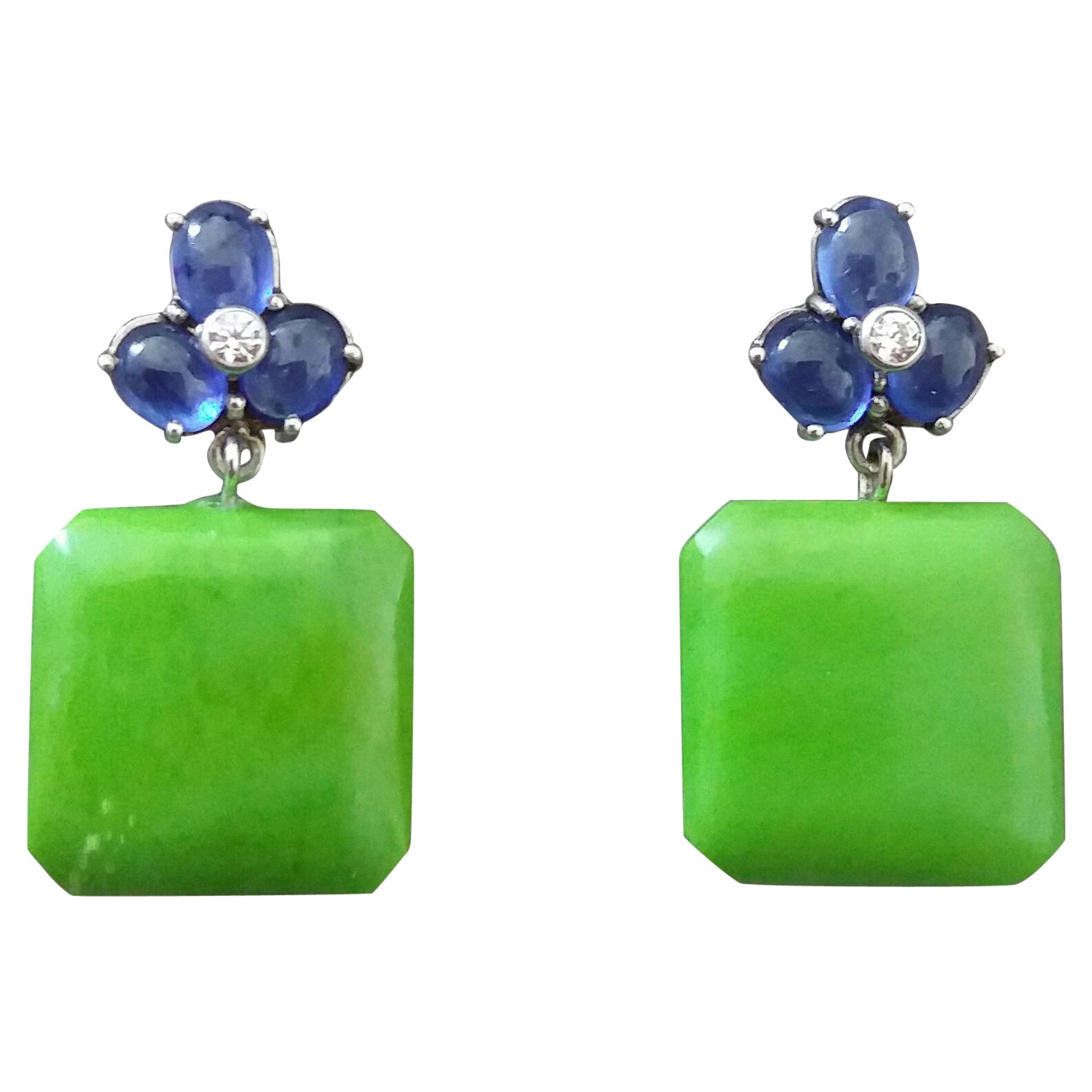 Achteckige Ohrringe mit 3 blauen Saphiren, Cabs, 14K Gelbgold, Diamanten, grünem Türkis