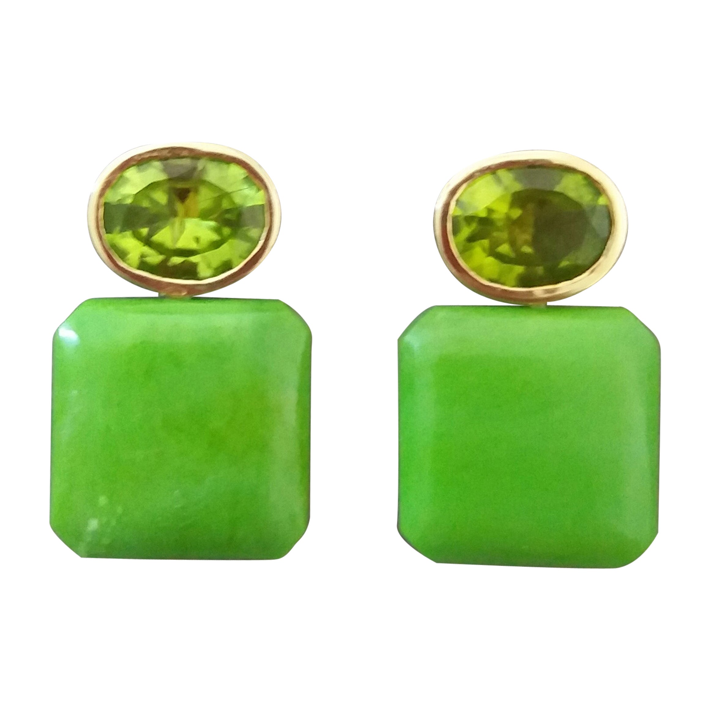 Oval Cut Peridot Turkmenistan Green Turquoise Octagon 14K Yellow Gold Earrings