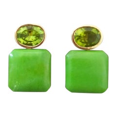 Oval Cut Peridot Turkmenistan Green Turquoise Octagon 14K Yellow Gold Earrings