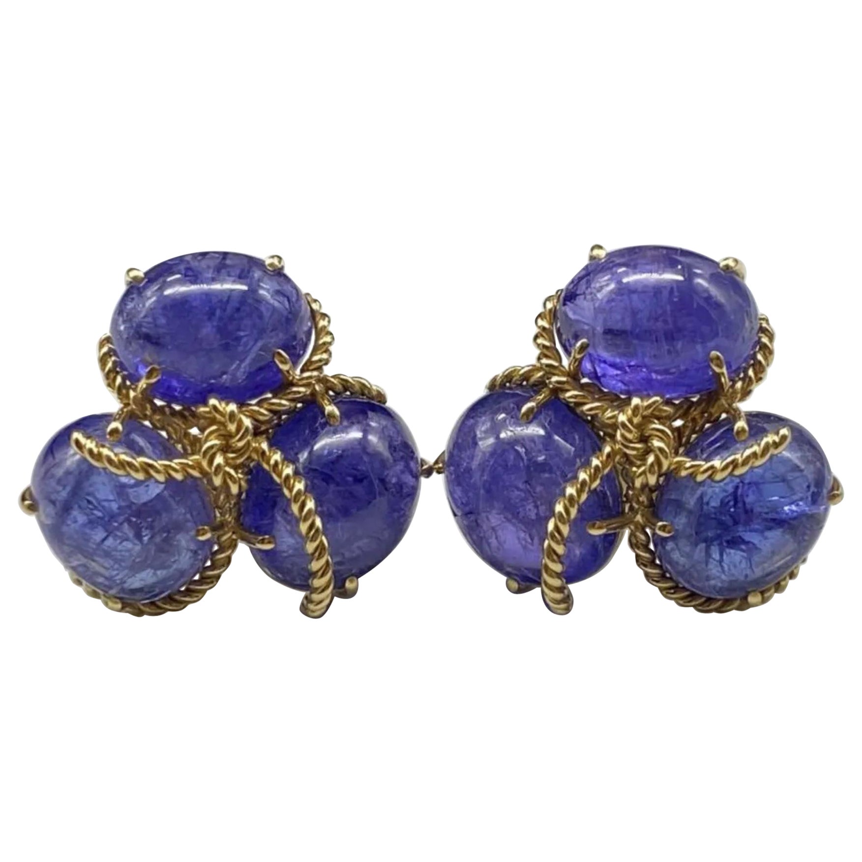 Verdura Polished Stone Tanzanite & 18k Rope Gold Earring with Box Retail $34, 500 For Sale