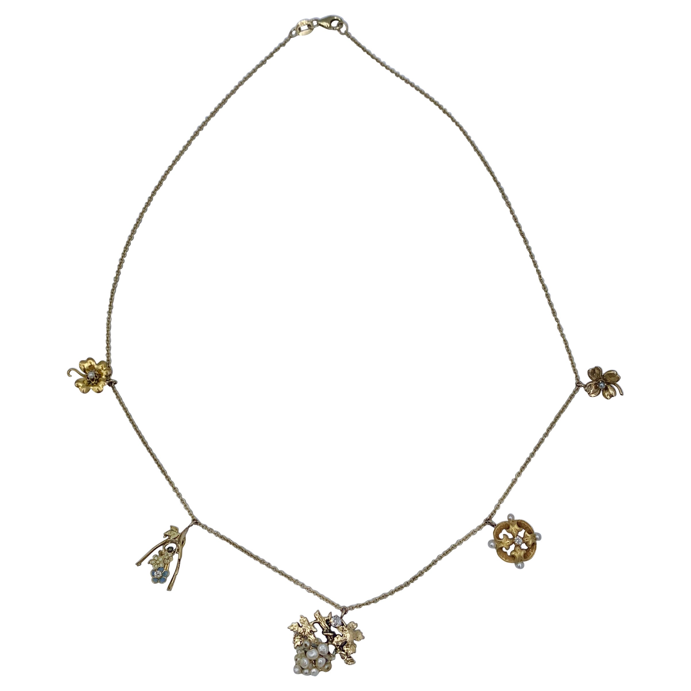 Viktorianische Blumen-Charm-Halskette aus 14 Karat Gold mit Diamanten, Perlen und Emaille im alten Minenschliff