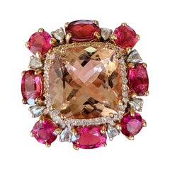 Set in 18k Gold, Natural Morganite, Rubellite & Rose Cut Diamonds Cocktail Ring