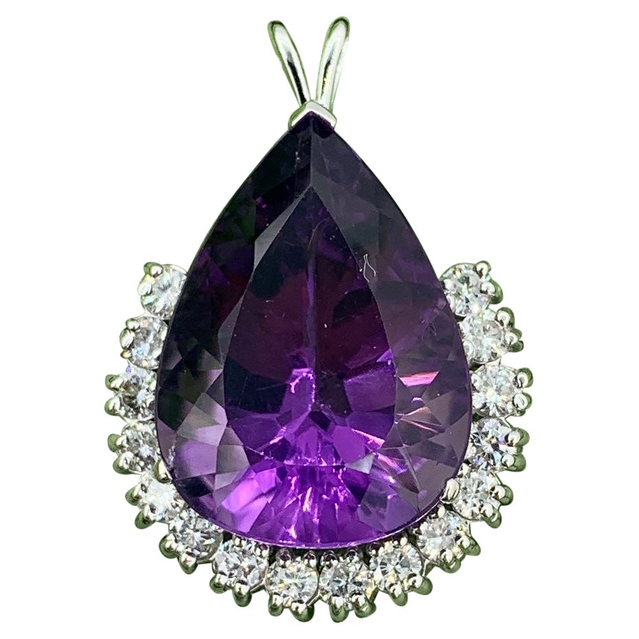 18 Carat Pear Cut Amethyst 1.5 Carat Diamond Pendant Necklace Antique White Gold For Sale