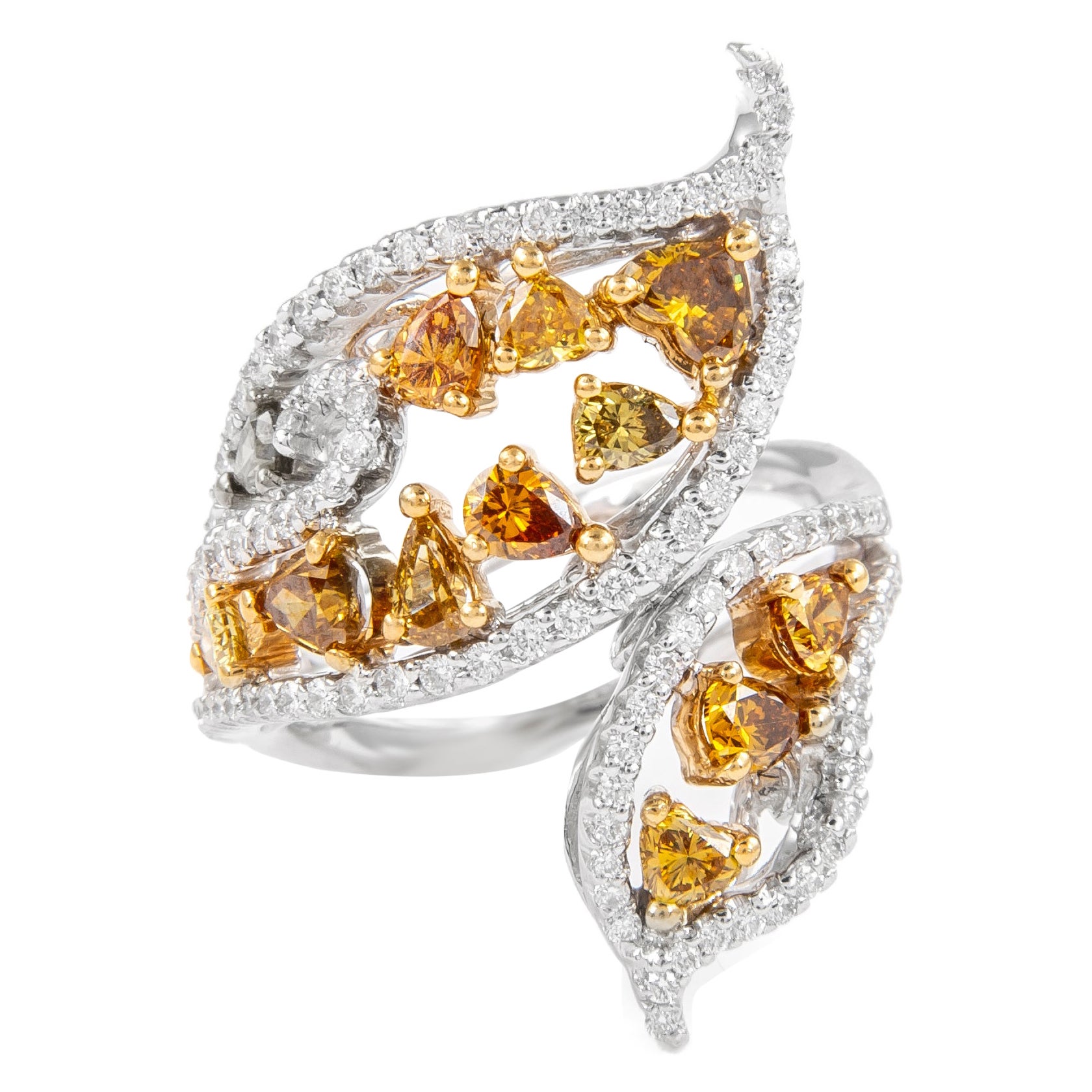 Alexander 2.16ctt Yellow Diamond & Diamond Floral Bypass Ring 18k Two Tone Gold For Sale