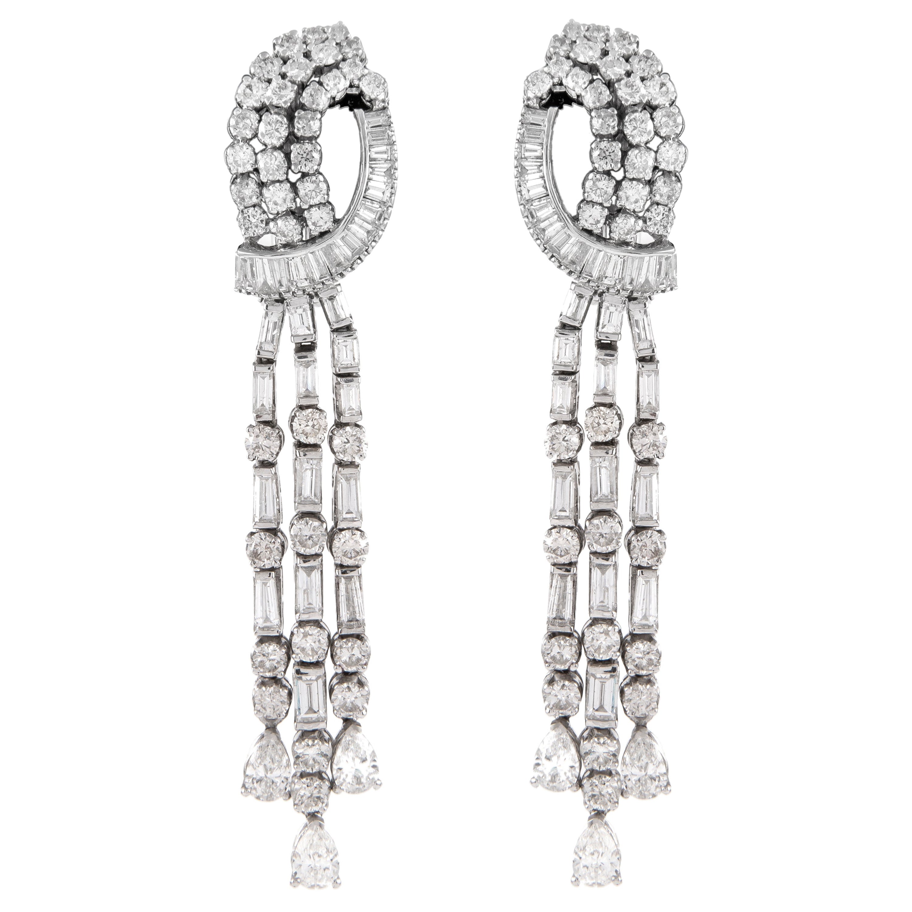 Vintage 17.50ct Pear, Round, & Baguette Diamond Chandelier Earrings White Gold For Sale