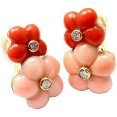 Van Cleef & Arpels Red And Pink Coral Diamond Gold Flower Earrings