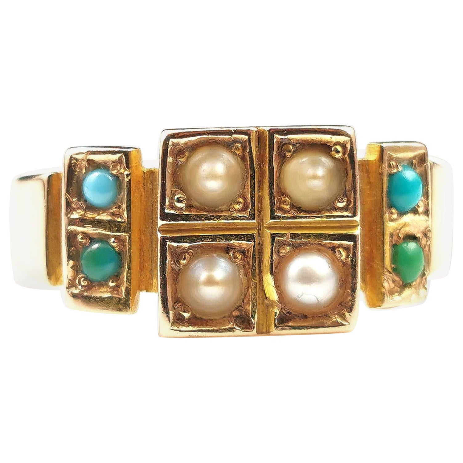 Antique Pearl and Turquoise Ring 15k Yellow Gold, Victorian