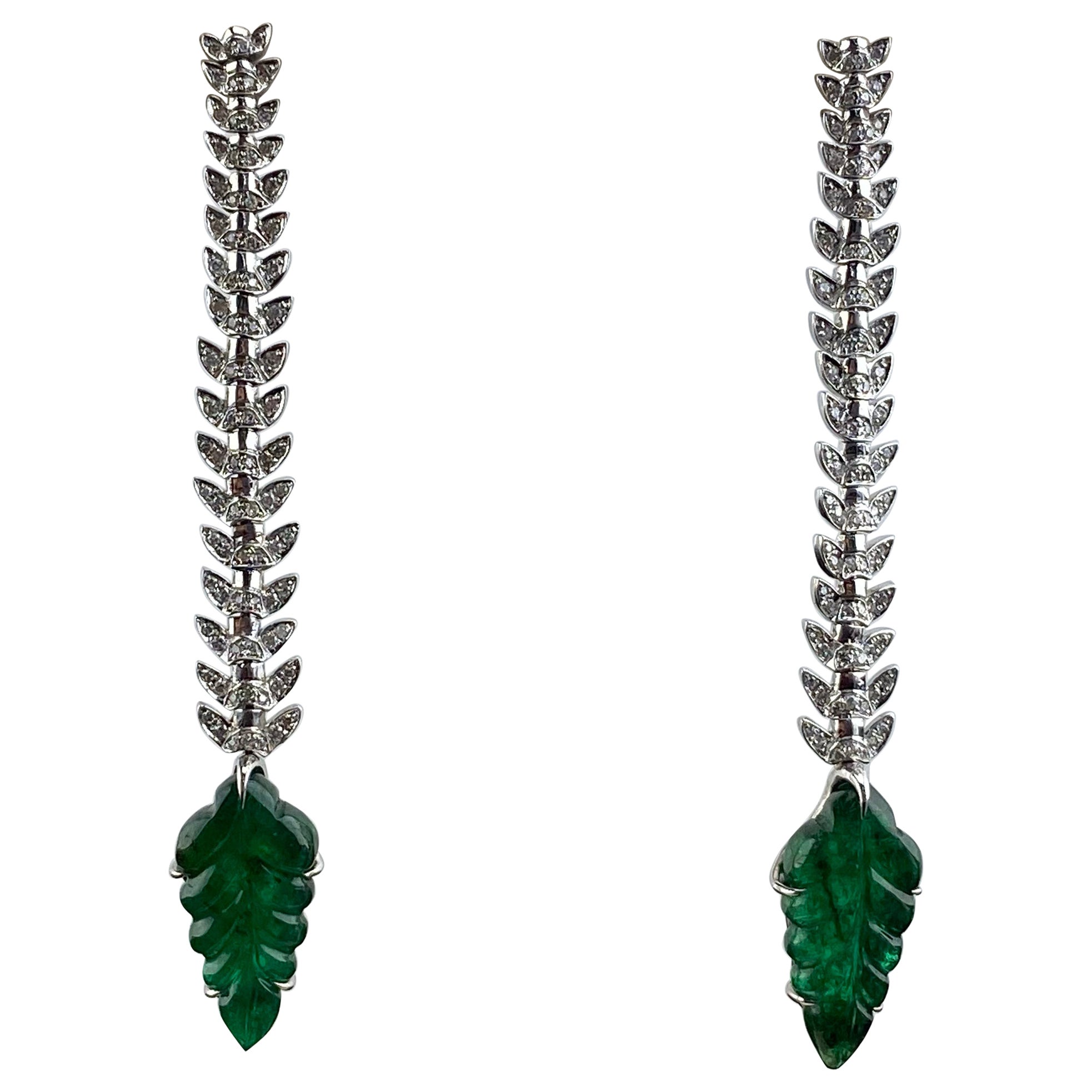 Carved Emerald and Diamond Dangle Earrings in 18K White Gold