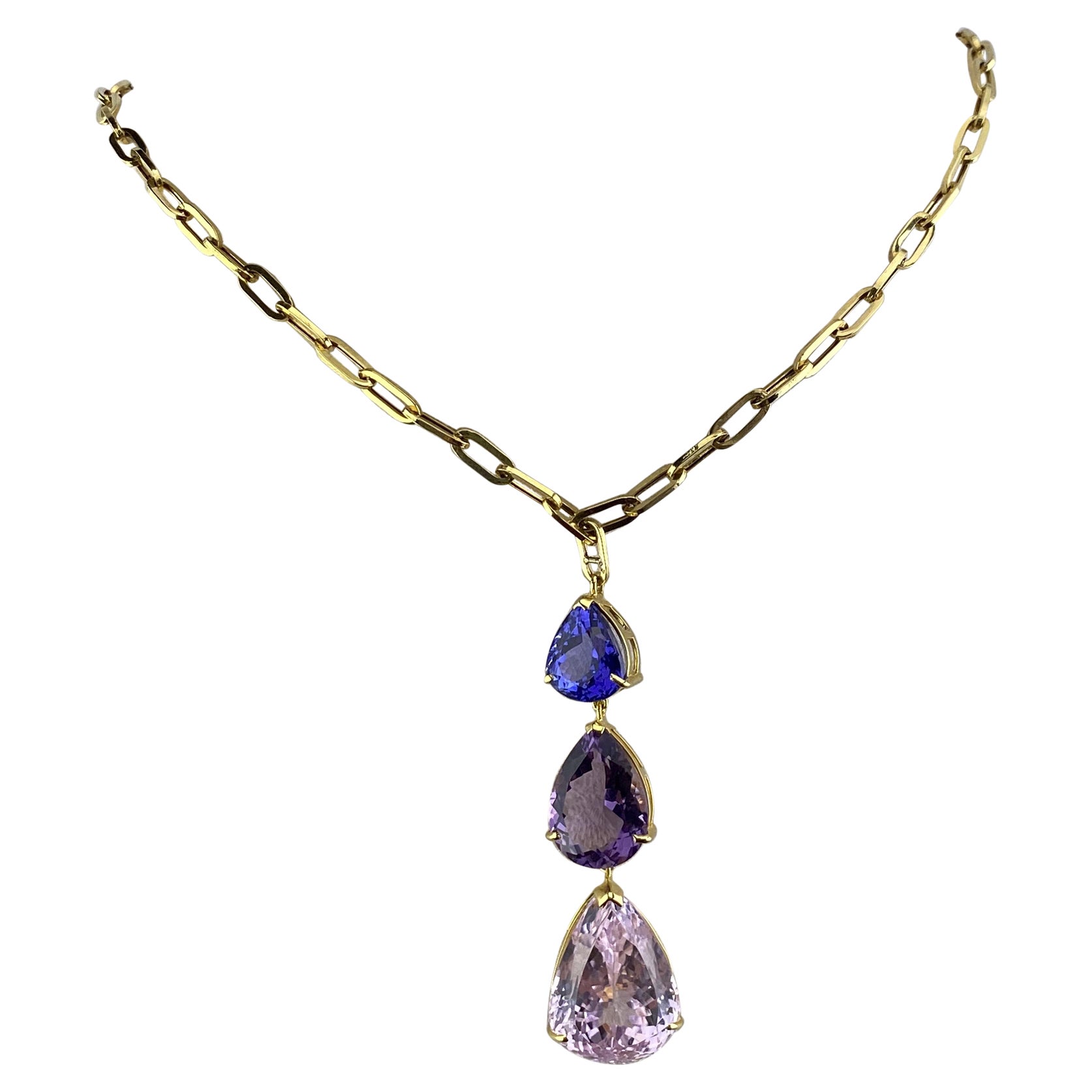 Purple Raindrop 47.50ctw Tanzanite Three-Stone Pendant Necklace in 18K Gold For Sale