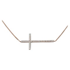 Used 18k Gold Sideway Diamond Cross Necklace Natural Brilliant Diamond