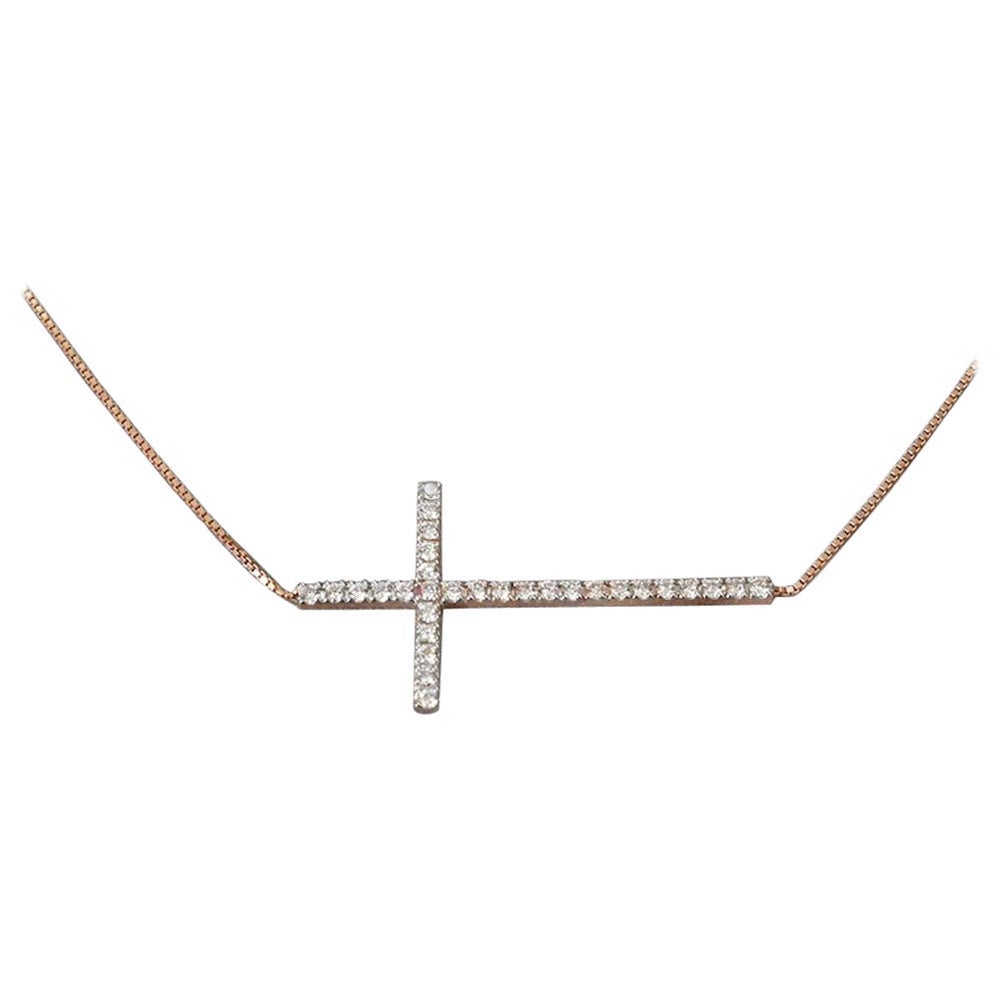 14k Gold Sideway Diamond Cross Necklace Natural Brilliant Diamond For Sale