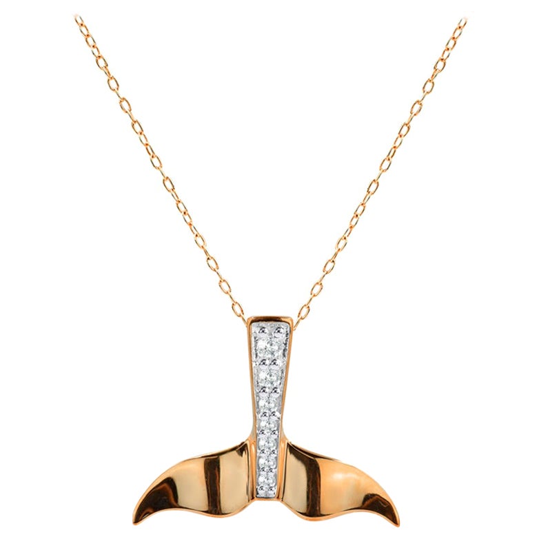 18k Gold Diamond Fish Tail Necklace Whale Tail Pendant Mermaid Tail Pendant For Sale