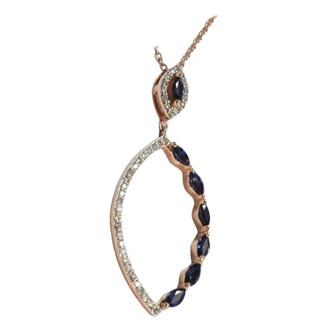 18 Karat Gold Blauer Saphir Diamant-Halskette Diamant-Marquise-Blauer Saphir