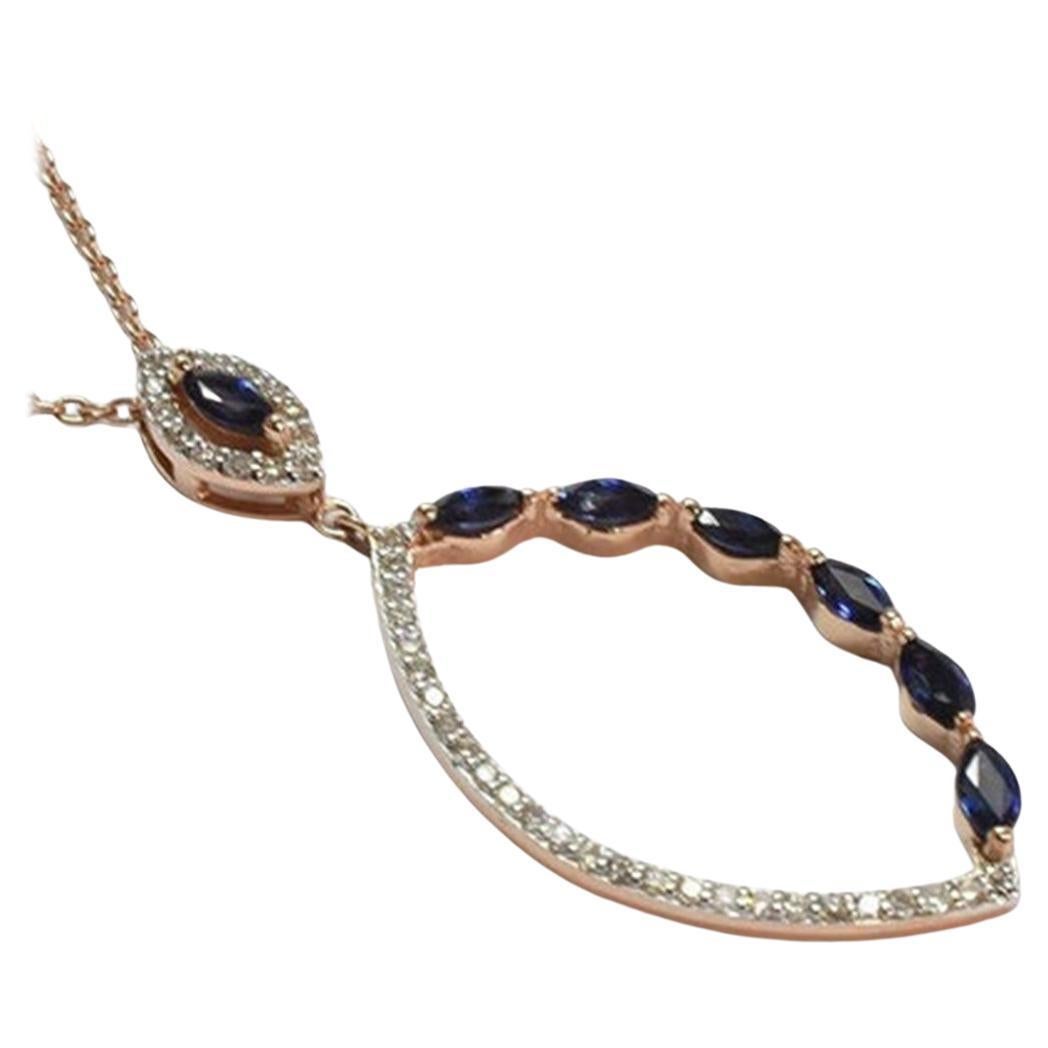 Collier en or 14 carats avec saphirs bleus naturels et diamants, saphirs bleus marquises