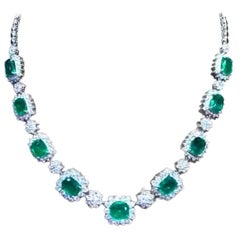 AIG Certified 27.82 Ct Zambian Emeralds 10.08 Ct Diamonds 18K Gold Necklace 