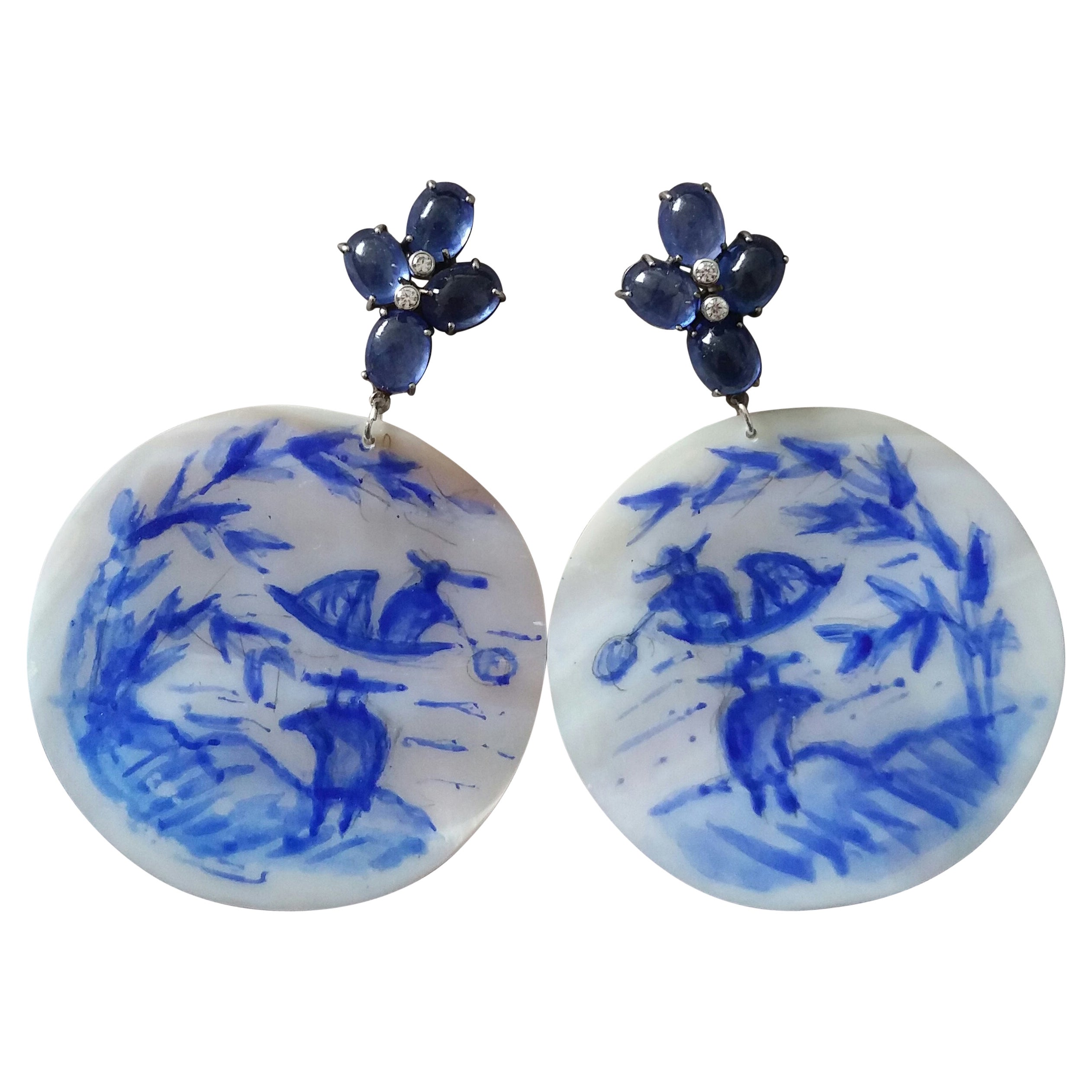 Vintage Chinese Hand Painted MotherofPearl Gold Diamonds Blue Sapphires Earrings For Sale