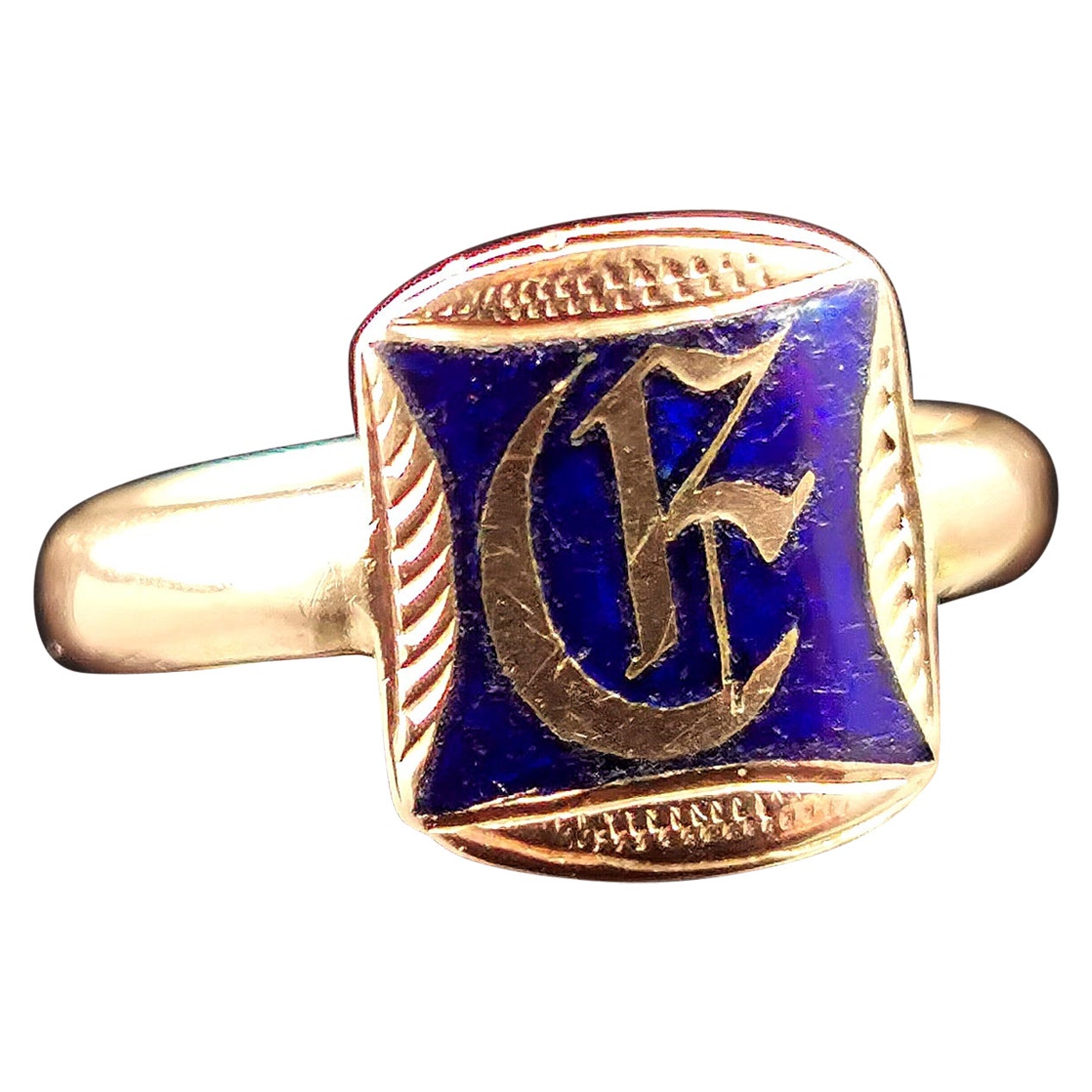 Antique 15k Rose Gold Monogram Signet Ring, Blue Enamel