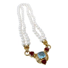 Pearl & Gemstone Necklace 18KT Yellow Gold Fire Opals Necklace