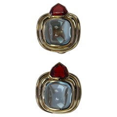 Topaz & Opal earrings 18KT yellow gold Antique clip on omega earrings