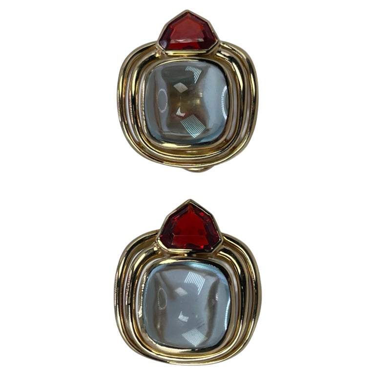 Topaz & Opal earrings 18KT yellow gold Vintage clip on omega earrings For Sale