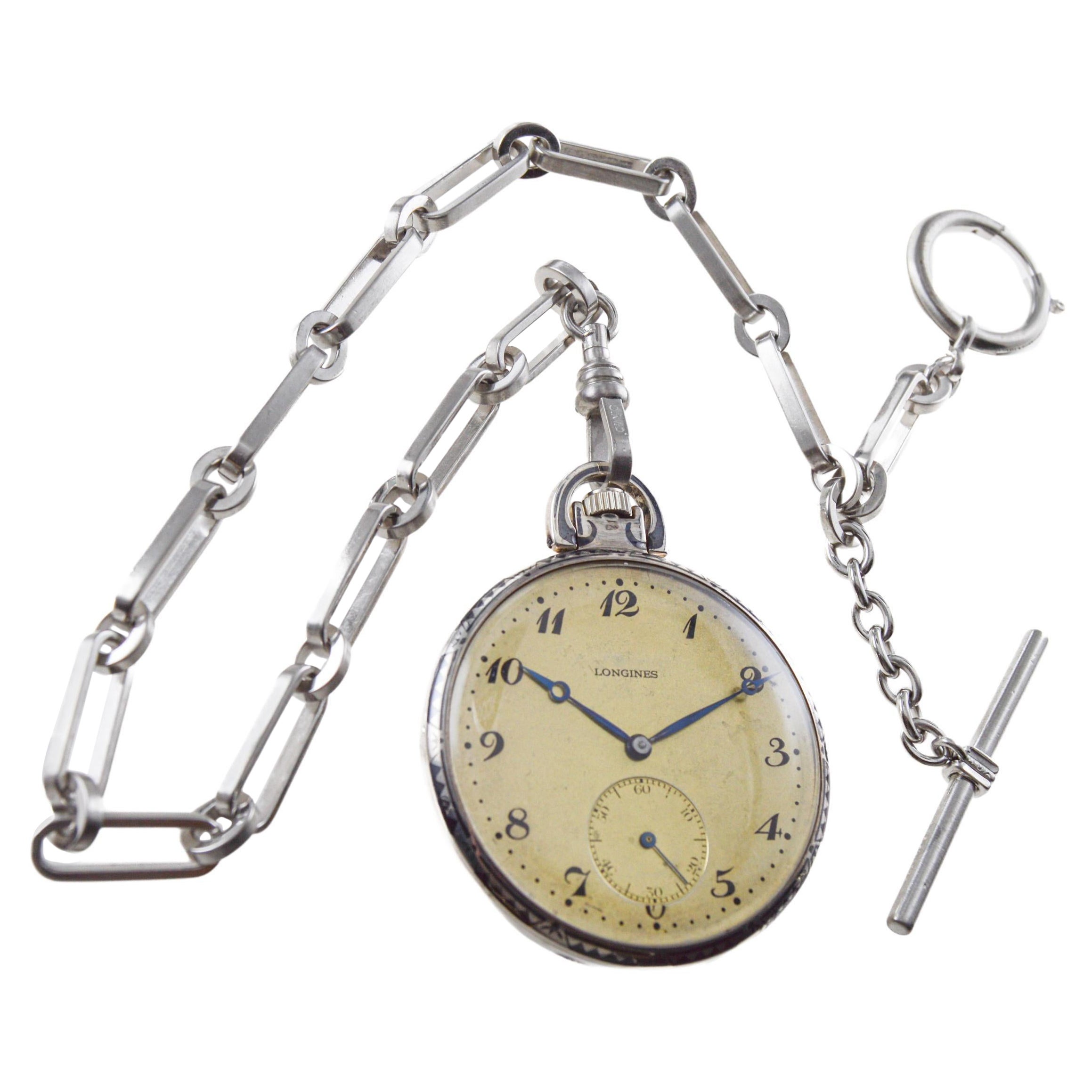 Longines Silver & Niello Watch from 1915 Dial by Stern Freres Matching Chain For Sale