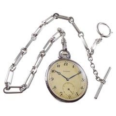 Antique Longines Silver & Niello Watch from 1915 Dial by Stern Freres Matching Chain