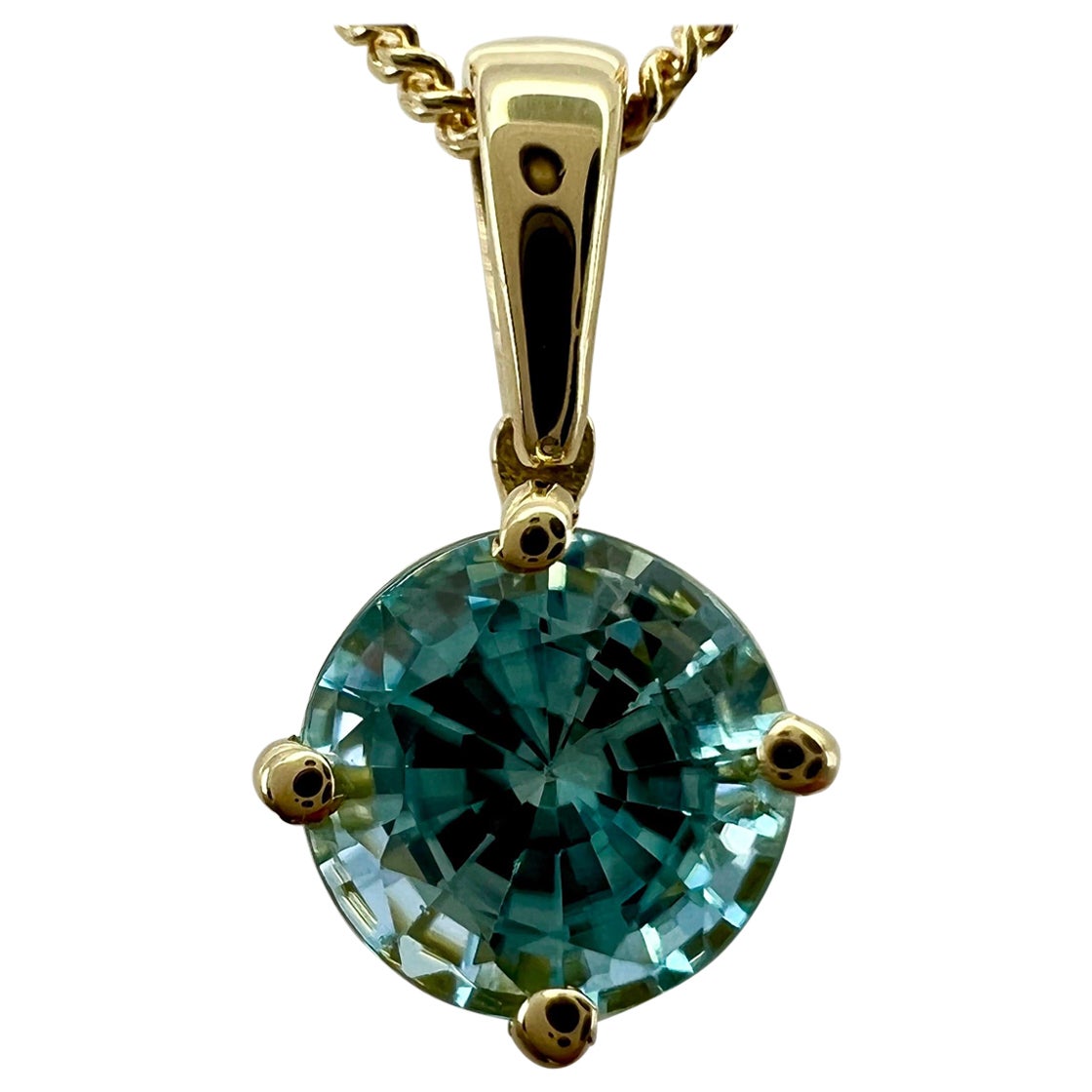 Vivid Neon Blue Zircon 1.20 Carat Round Cut 18k Yellow Gold Pendant Necklace For Sale