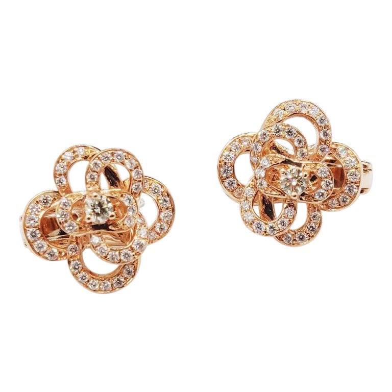 Petite Floral Silhouette Diamond Clip-On Earrings in 18 Karat Rose Gold For Sale