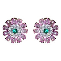 Set in 18K Gold, Pink Sapphires, Colombian Emerald & Diamonds Stud Earrings