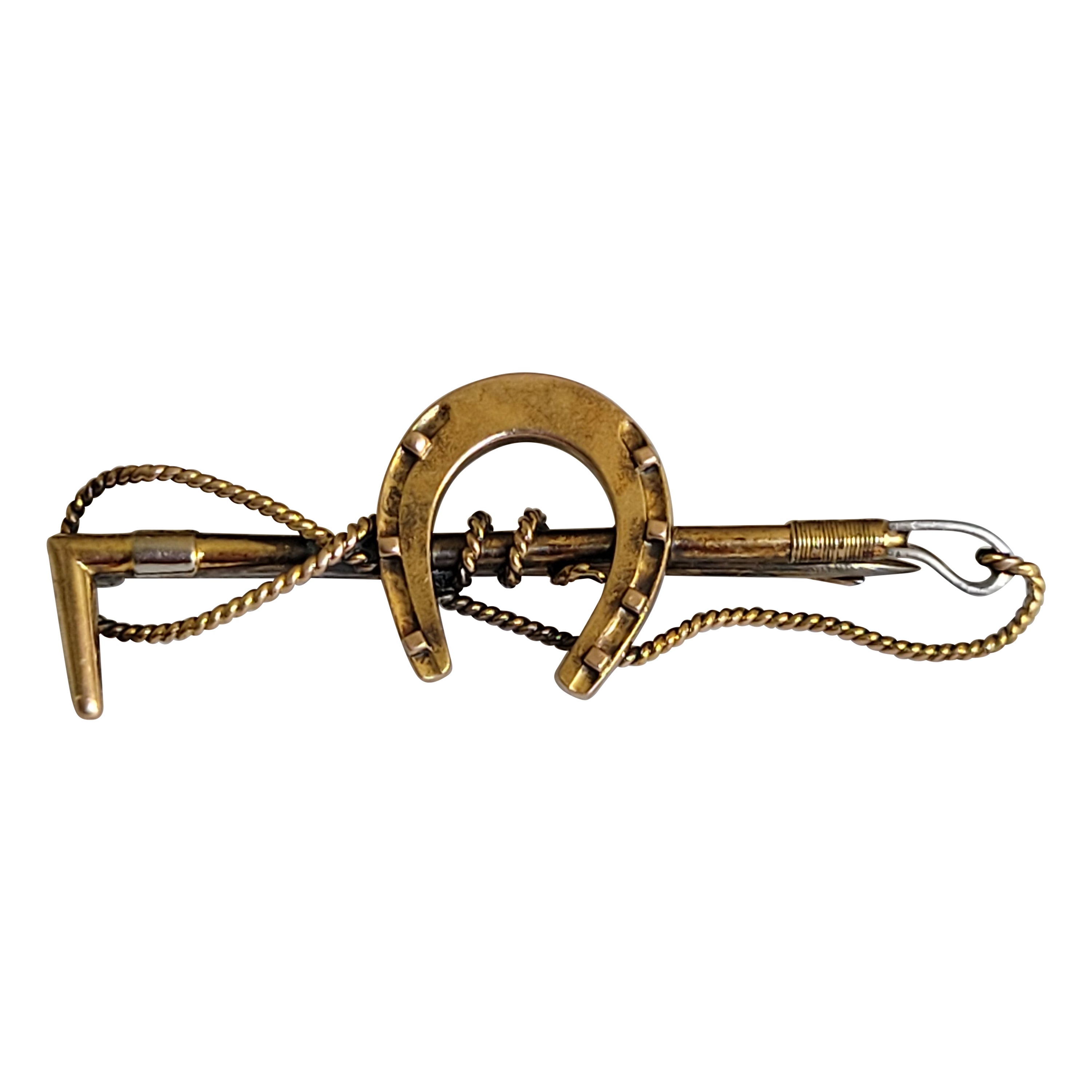 Edwardian 18 Karat Gold Horseshoe Riding Crop Pin Brooch For Sale