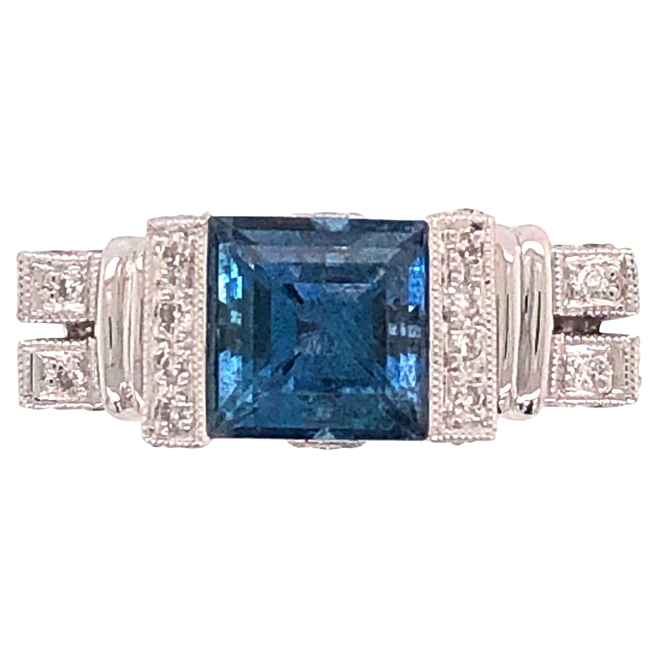 2.46 Carat Square Deep Aquamarine GIA and Diamond Platinum Band Ring