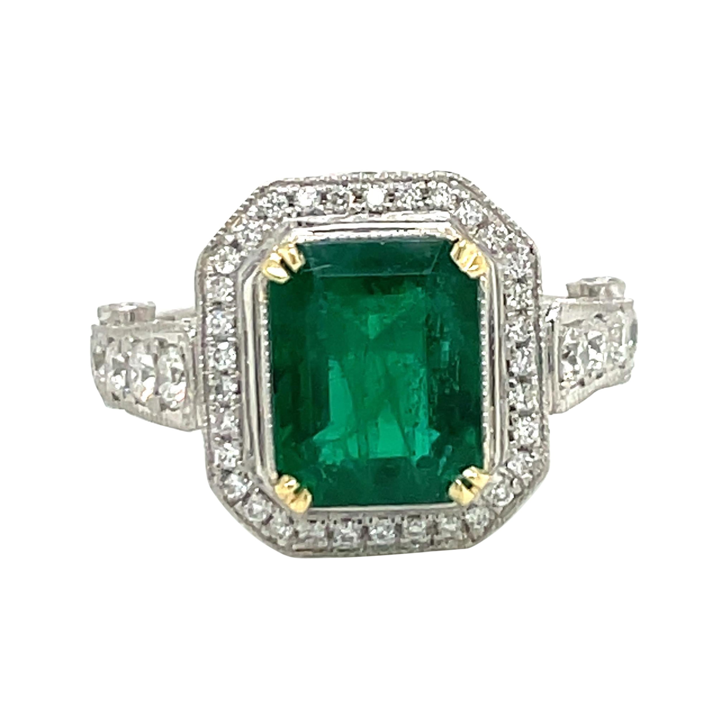 Platinum Green Emerald Diamond Halo Milligrain Ring 5.68 Carats